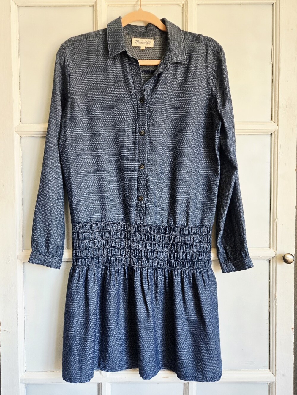 Madewell Chambray Button Front Longsleeve Smocked Waist Dress Blue XS